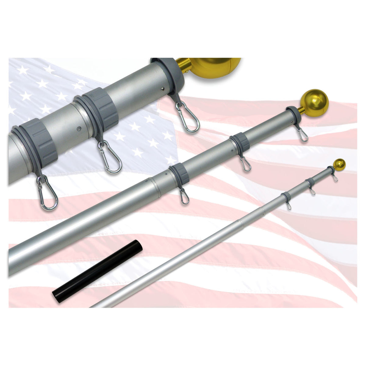 Telescopic flagpole with gold ball finials on an American flag background