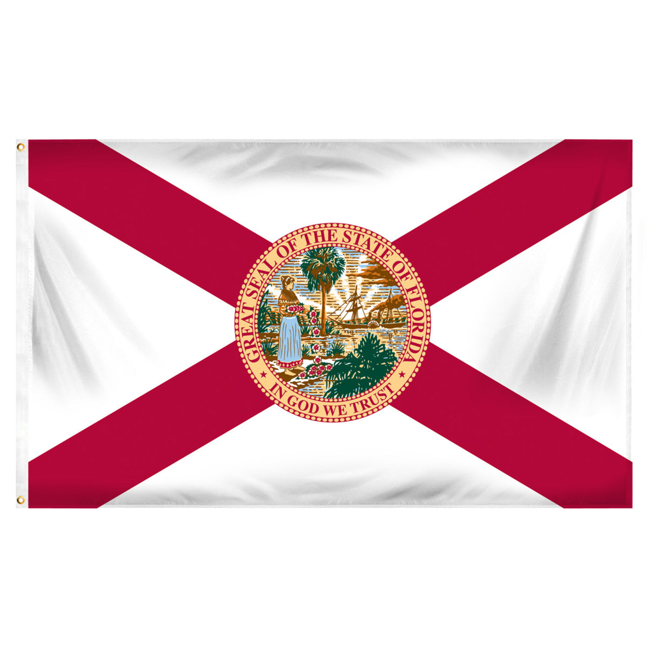 State of Florida flag featuring the classic red diagonal cross on a white background with the full-color Florida state seal in the center.  The words 'GREAT SEAL OF THE STATE OF FLORIDA' and 'IN GOD WE TRUST' are written on the edges of the seal.